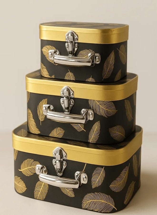 اويسيس مجموعة أواسيس من 3 صناديق هدايا مستطيلة لعيد الحب وسلال الزهور مع غطاء | صندوق باقة كلاسيكي لتنسيقات الزهور وسلال الهدايا | صندوق تغليف هدايا مزخرف على طراز تانك - أسود وذهبي - Image 1